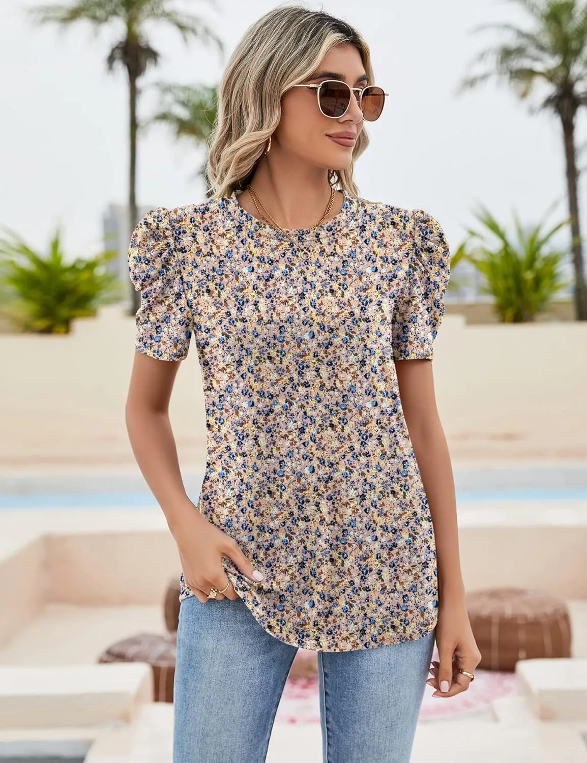 Ivicoer Puff Short Sleeve Shirt for Women Eyelet Tops Summer Crewneck Blouse Loose Fit S-XXL