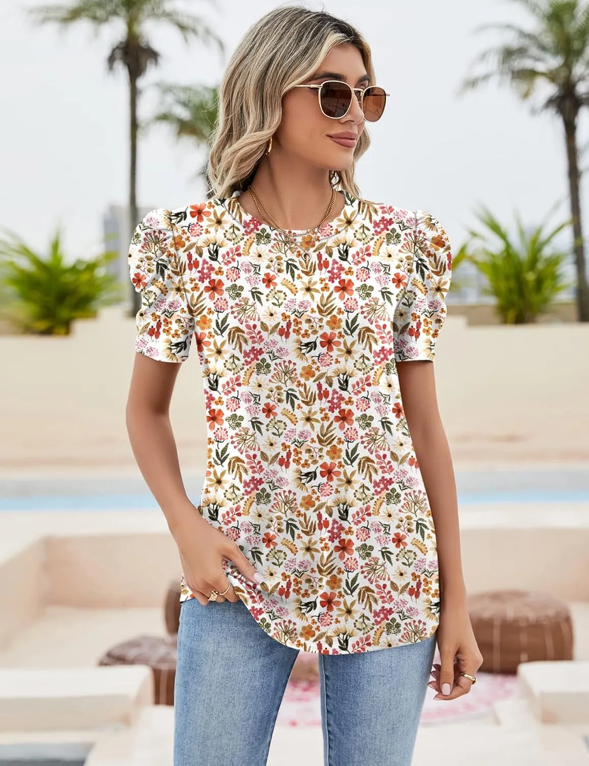 Ivicoer Puff Short Sleeve Shirt for Women Eyelet Tops Summer Crewneck Blouse Loose Fit S-XXL