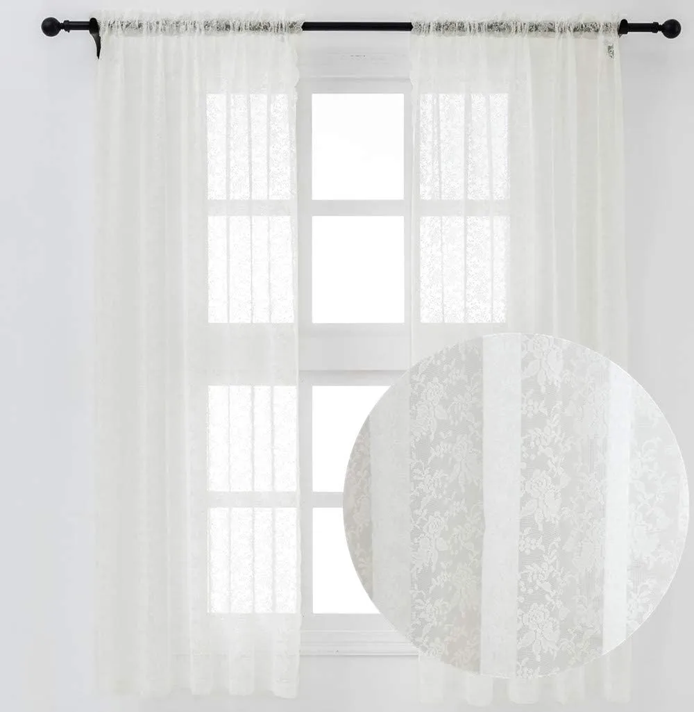 Ivory Rose Lace Semi Sheer Curtains Window Curtain Drapes for Bedroom - Rod Pocket Header Retro Style Vintage Lightweight Cream Lace Knitted Jacquard Window Curtains, Set of 2 Panels 84 Inchs Long