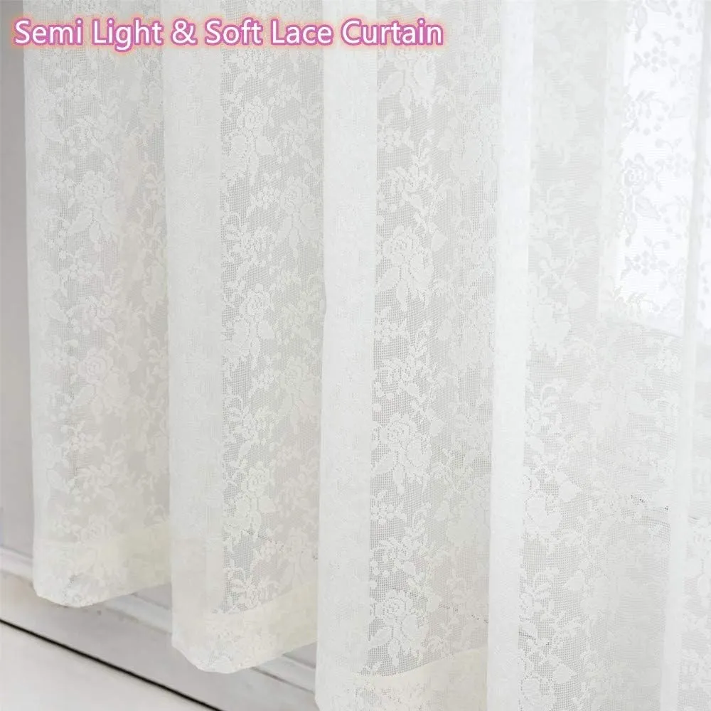 Ivory Rose Lace Semi Sheer Curtains Window Curtain Drapes for Bedroom - Rod Pocket Header Retro Style Vintage Lightweight Cream Lace Knitted Jacquard Window Curtains, Set of 2 Panels 84 Inchs Long