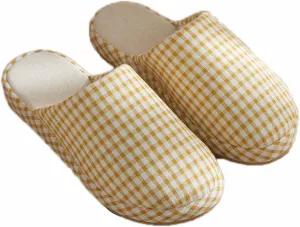 JadeRich Women Men Cotton Memory Foam House Slippers Gingham Plaid Soft Cozy Breathable Non-Slip Indoor Shoes