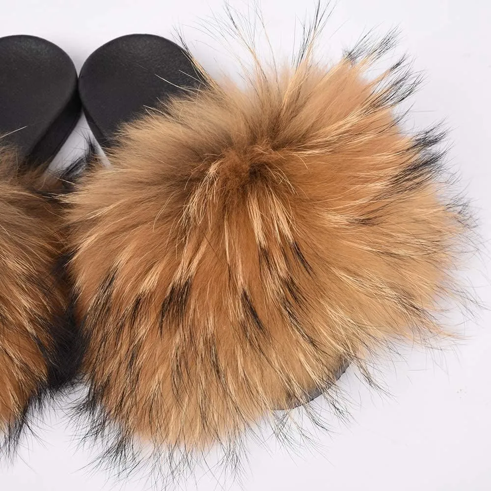 Jancoco Max Womens Fur Sliders Slippers Raccoon Fur Furry Slides Fashion Flat Soft Open Toe Fluffy Sandals