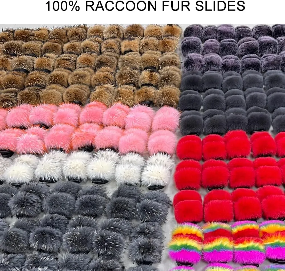 Jancoco Max Womens Fur Sliders Slippers Raccoon Fur Furry Slides Fashion Flat Soft Open Toe Fluffy Sandals