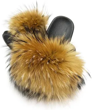 Jancoco Max Womens Fur Sliders Slippers Raccoon Fur Furry Slides Fashion Flat Soft Open Toe Fluffy Sandals