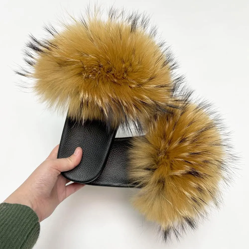 Jancoco Max Womens Fur Sliders Slippers Raccoon Fur Furry Slides Fashion Flat Soft Open Toe Fluffy Sandals