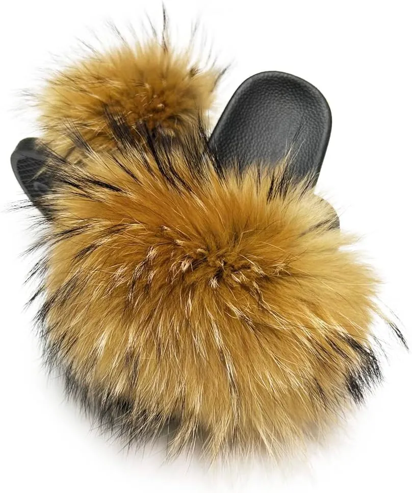 Jancoco Max Womens Fur Sliders Slippers Raccoon Fur Furry Slides Fashion Flat Soft Open Toe Fluffy Sandals