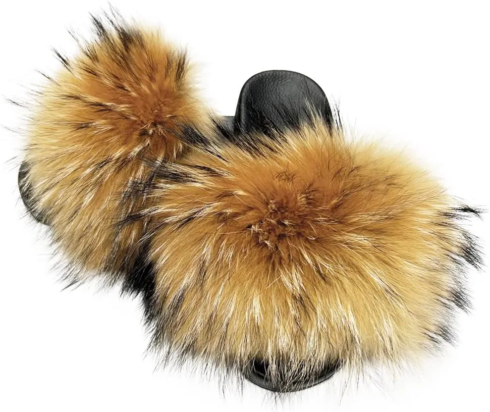 Jancoco Max Womens Fur Sliders Slippers Raccoon Fur Furry Slides Fashion Flat Soft Open Toe Fluffy Sandals