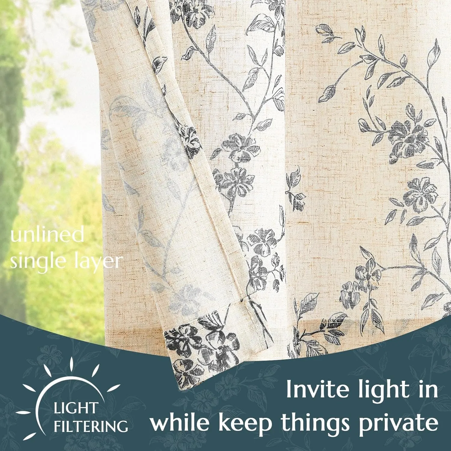 jinchan Floral Kitchen Curtains 24 Inch Linen Tier Curtains Farmhouse Cafe Half Window Drapes Over Sink Light Filtering Black on Beige for Living Room Laundry RV Rod Pocket 2 Panels