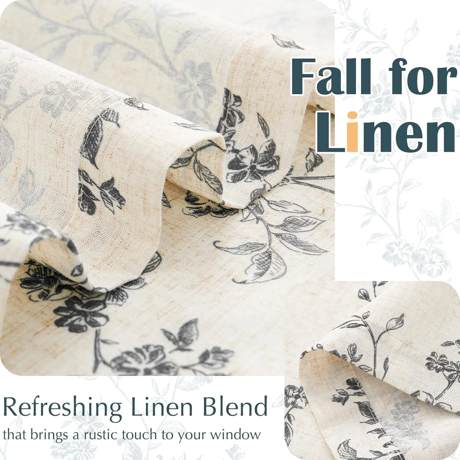 jinchan Floral Kitchen Curtains 24 Inch Linen Tier Curtains Farmhouse Cafe Half Window Drapes Over Sink Light Filtering Black on Beige for Living Room Laundry RV Rod Pocket 2 Panels