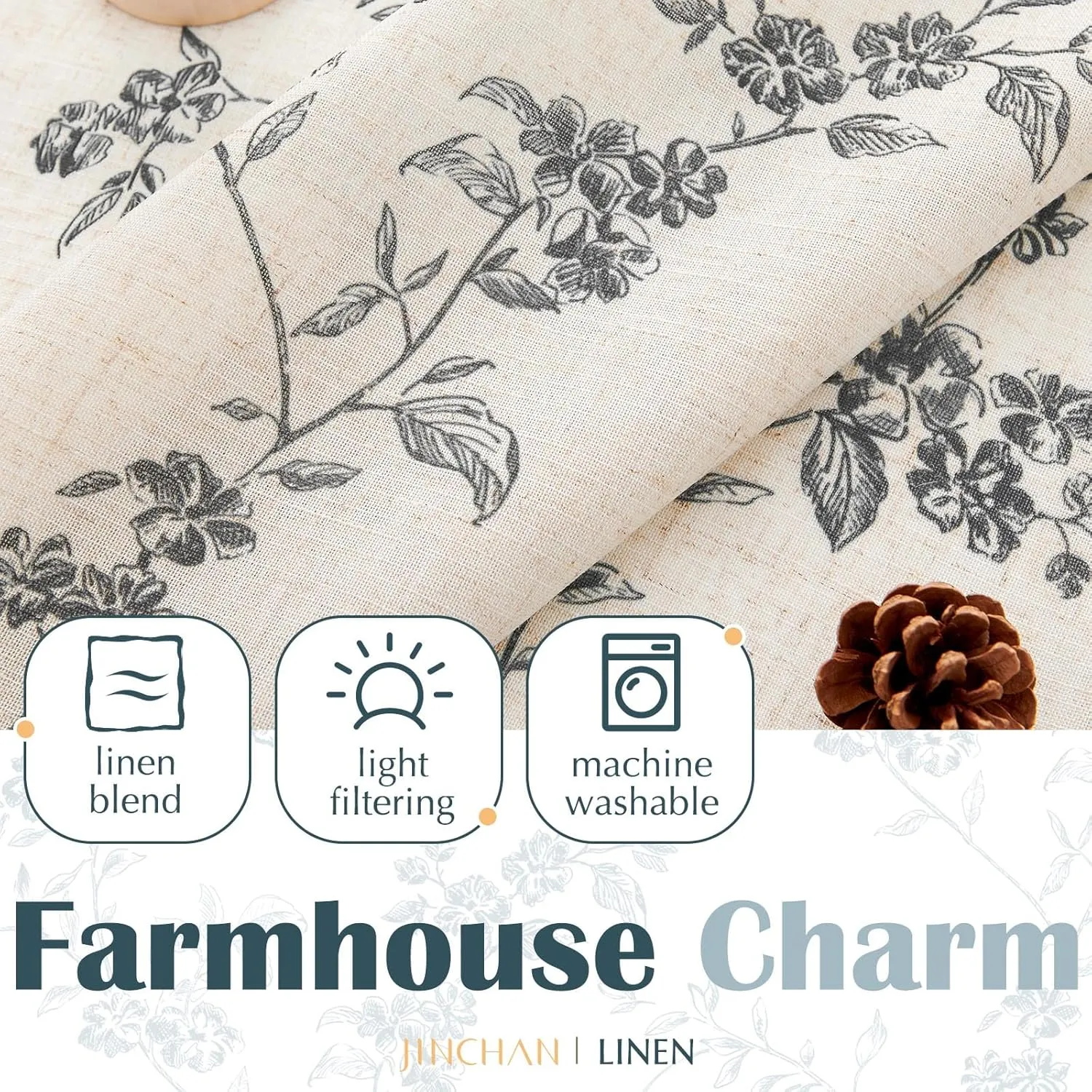 jinchan Floral Kitchen Curtains 24 Inch Linen Tier Curtains Farmhouse Cafe Half Window Drapes Over Sink Light Filtering Black on Beige for Living Room Laundry RV Rod Pocket 2 Panels