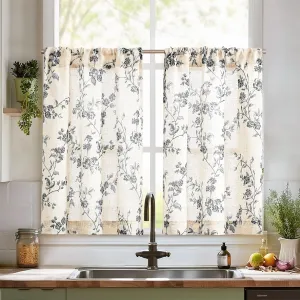 jinchan Floral Kitchen Curtains 24 Inch Linen Tier Curtains Farmhouse Cafe Half Window Drapes Over Sink Light Filtering Black on Beige for Living Room Laundry RV Rod Pocket 2 Panels