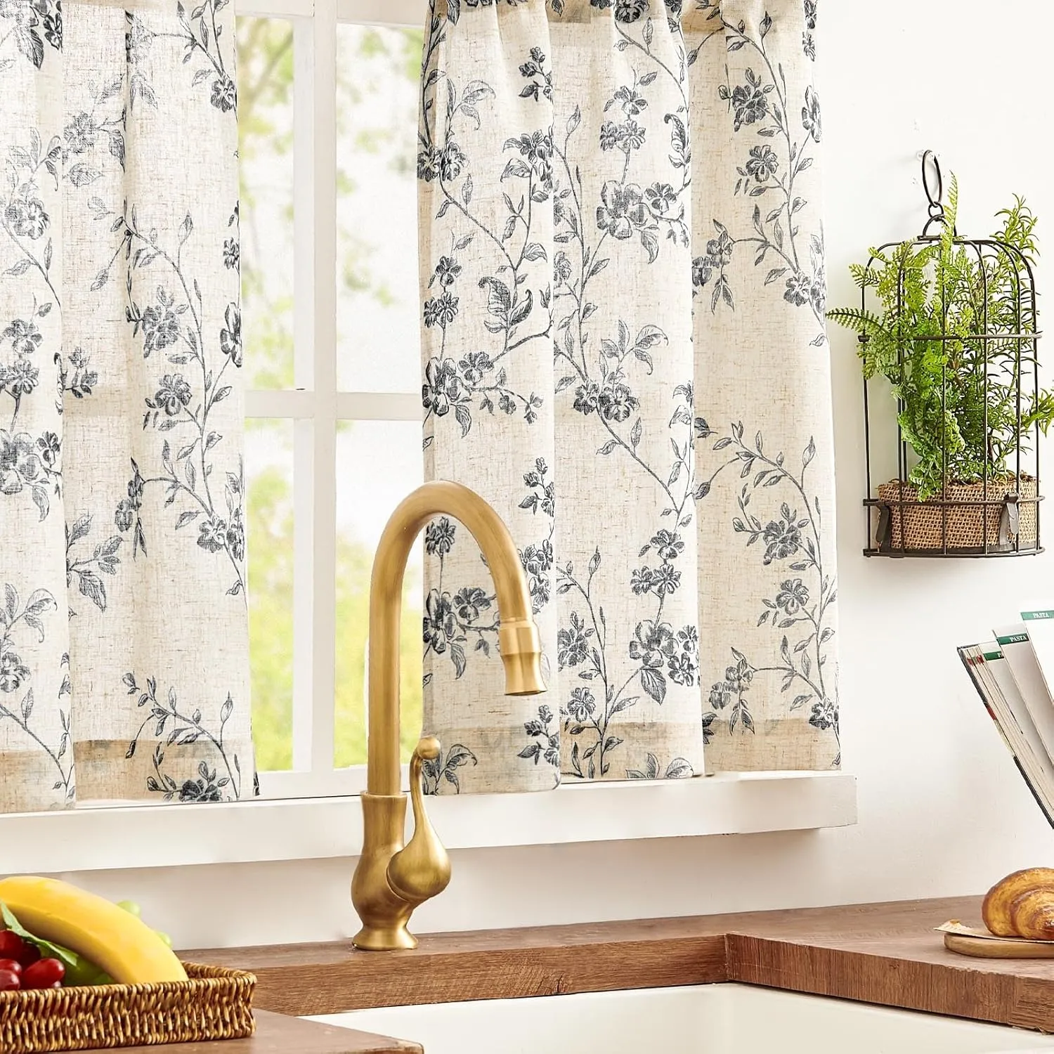 jinchan Floral Kitchen Curtains 24 Inch Linen Tier Curtains Farmhouse Cafe Half Window Drapes Over Sink Light Filtering Black on Beige for Living Room Laundry RV Rod Pocket 2 Panels