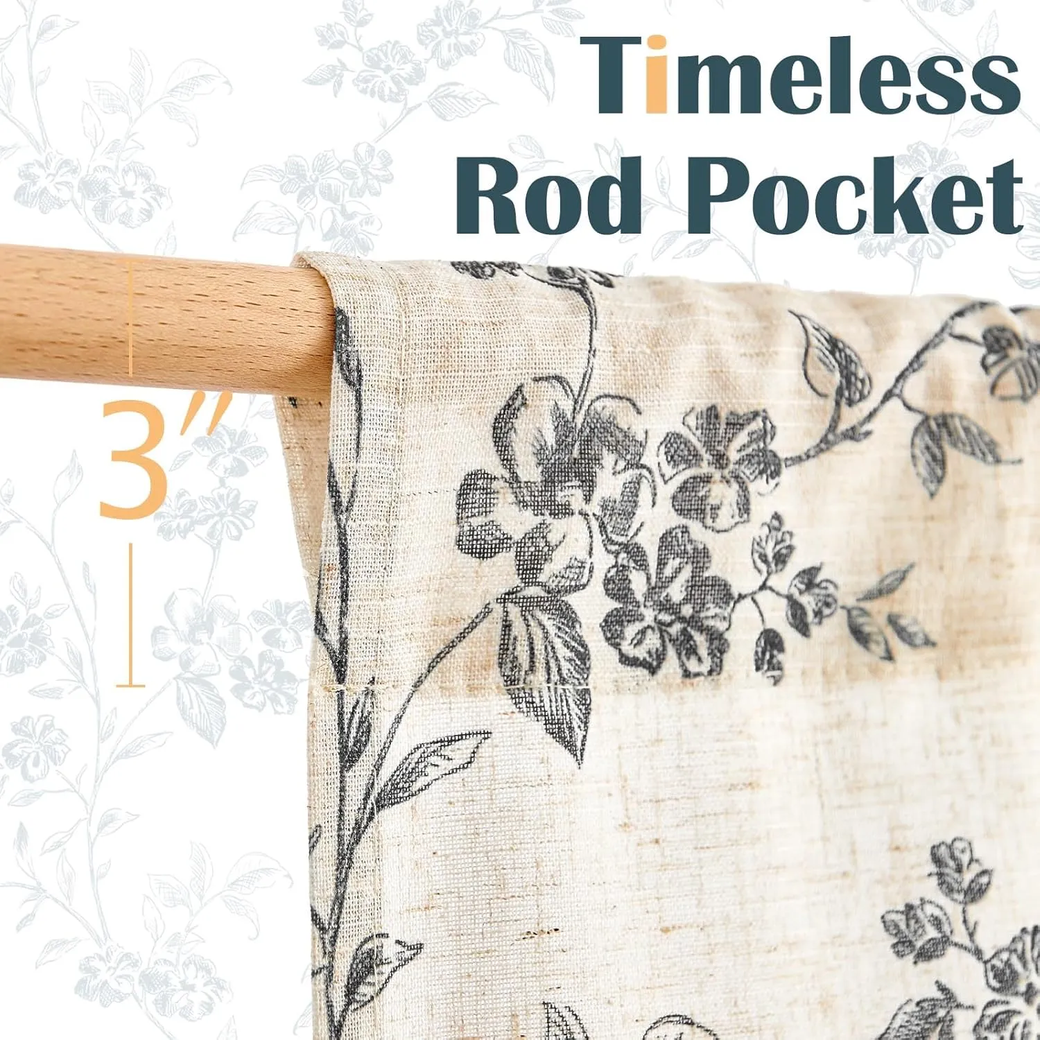 jinchan Floral Kitchen Curtains 24 Inch Linen Tier Curtains Farmhouse Cafe Half Window Drapes Over Sink Light Filtering Black on Beige for Living Room Laundry RV Rod Pocket 2 Panels