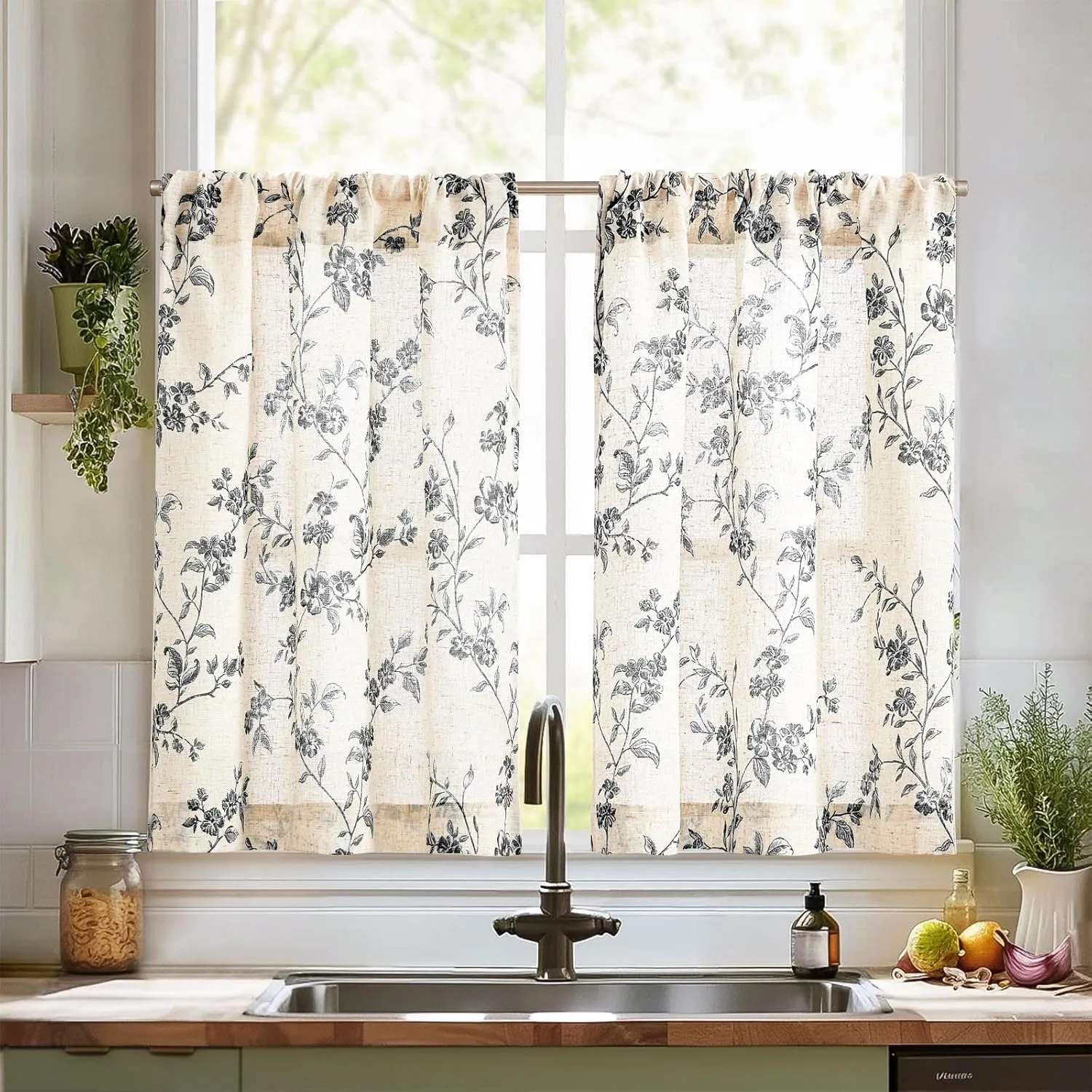 jinchan Floral Kitchen Curtains 24 Inch Linen Tier Curtains Farmhouse Cafe Half Window Drapes Over Sink Light Filtering Black on Beige for Living Room Laundry RV Rod Pocket 2 Panels