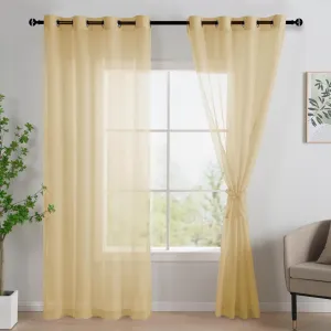 JIUZHEN Gold Sheer Curtains 84 inch Length - Semi Transparent Light Filtering Grommet Window Drapes for Living Room/Balcony, 52Wx 84L, Set of 2 with Tiebacks