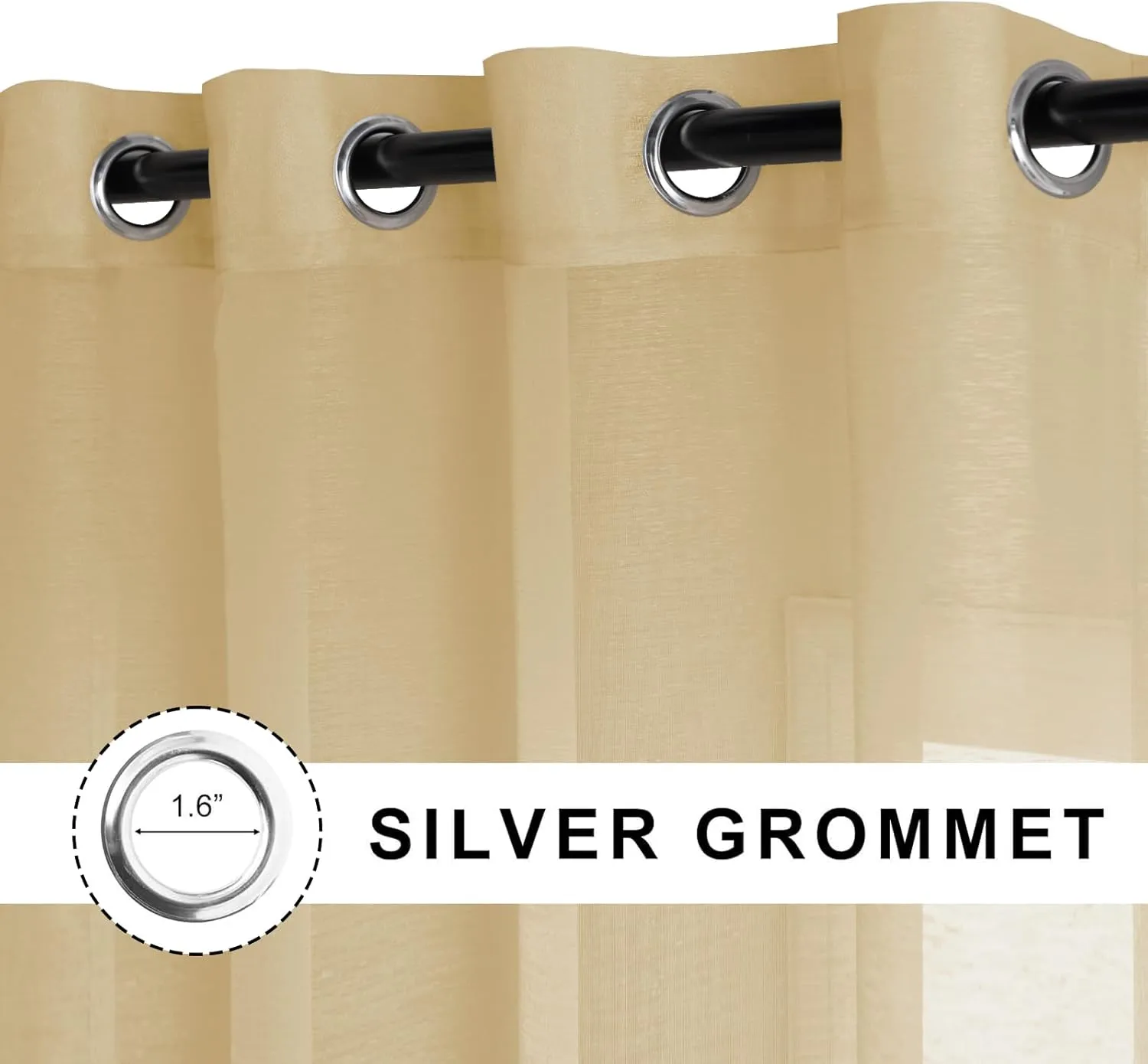 JIUZHEN Gold Sheer Curtains 84 inch Length - Semi Transparent Light Filtering Grommet Window Drapes for Living Room/Balcony, 52Wx 84L, Set of 2 with Tiebacks