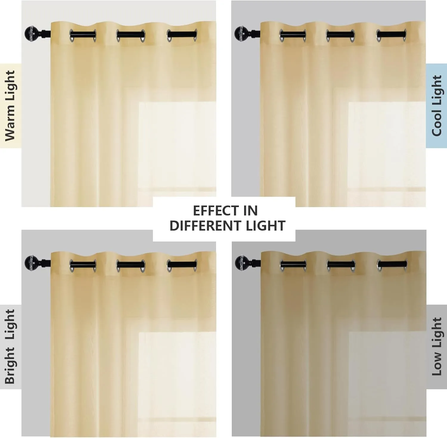JIUZHEN Gold Sheer Curtains 84 inch Length - Semi Transparent Light Filtering Grommet Window Drapes for Living Room/Balcony, 52Wx 84L, Set of 2 with Tiebacks