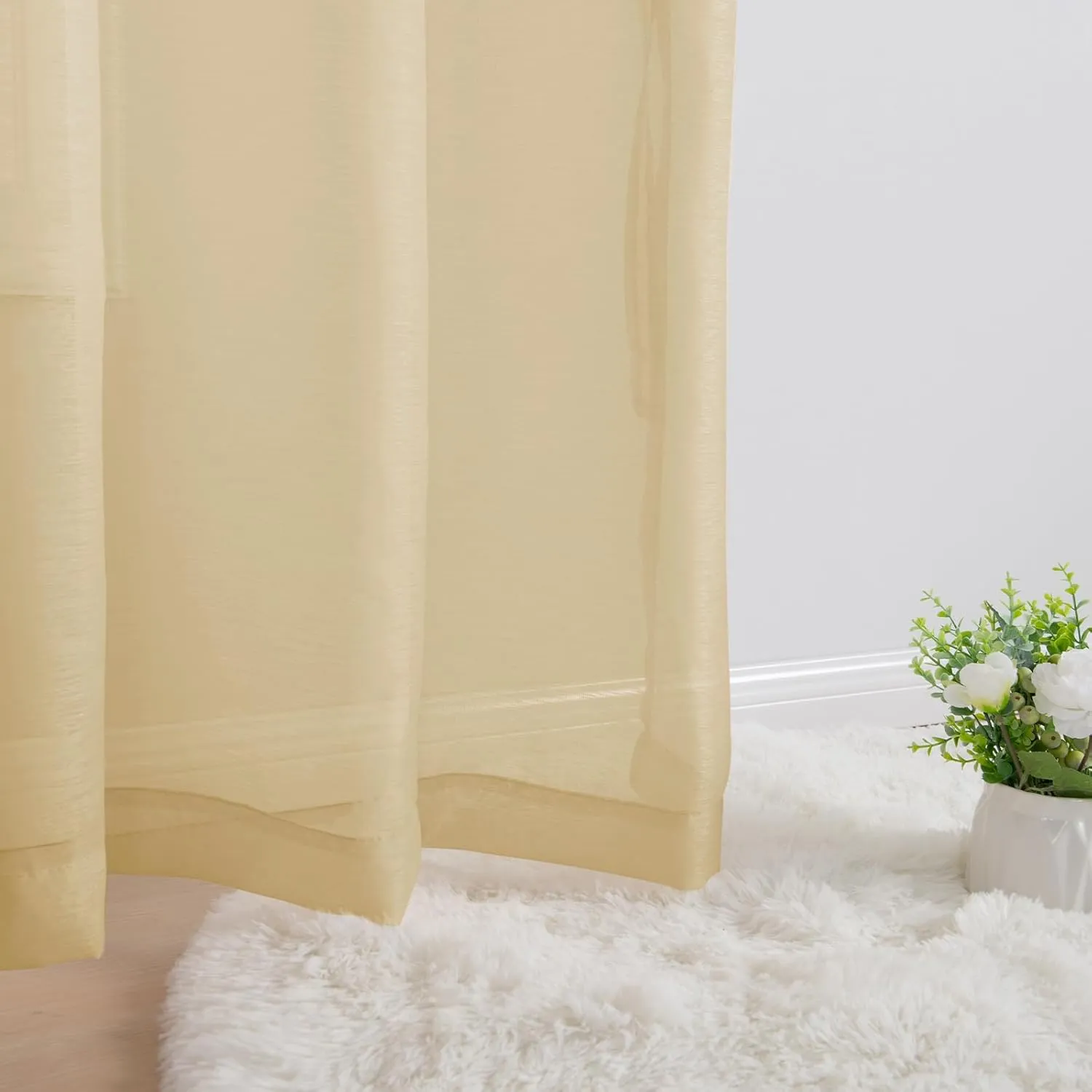 JIUZHEN Gold Sheer Curtains 84 inch Length - Semi Transparent Light Filtering Grommet Window Drapes for Living Room/Balcony, 52Wx 84L, Set of 2 with Tiebacks