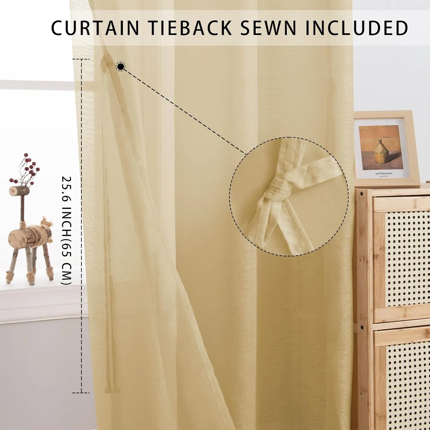 JIUZHEN Gold Sheer Curtains 84 inch Length - Semi Transparent Light Filtering Grommet Window Drapes for Living Room/Balcony, 52Wx 84L, Set of 2 with Tiebacks