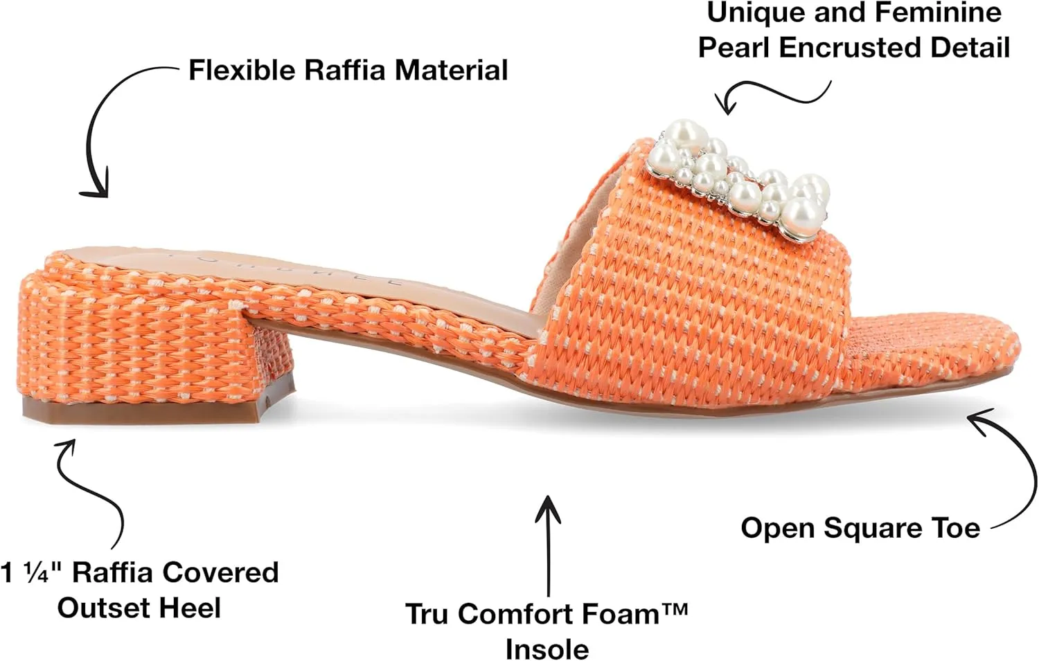 Journee Womens Pearl Raffia Slip On Open Square Toe Outset Block Heel Justina Comfort Foam Flat Sandals