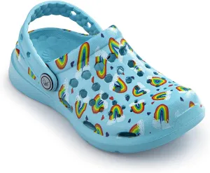 Joybees Kids Active Clog - Comfortable and Easy to Clean Slip-on Water Shoes for Girls and Boys - Sky Blue Rainbows - Children's Size 4/Children's Size 5