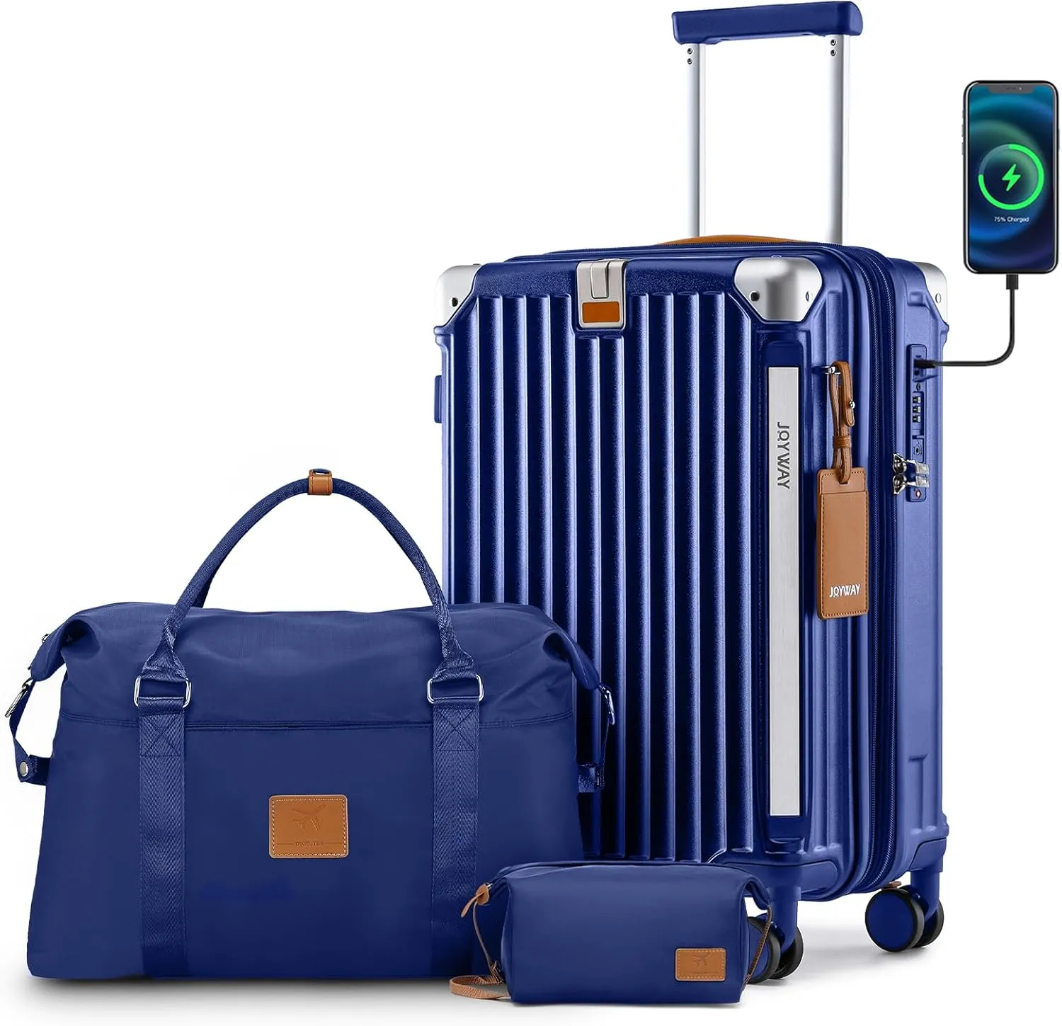 Joyway 20in Carry On Luggage with Cup Holder and USB Port, 25% Expandable Capacity, Smart Suitcase with Anti Slip Wheels and Handbag, Perfect for Men and Women 3 Piece Set Blue
