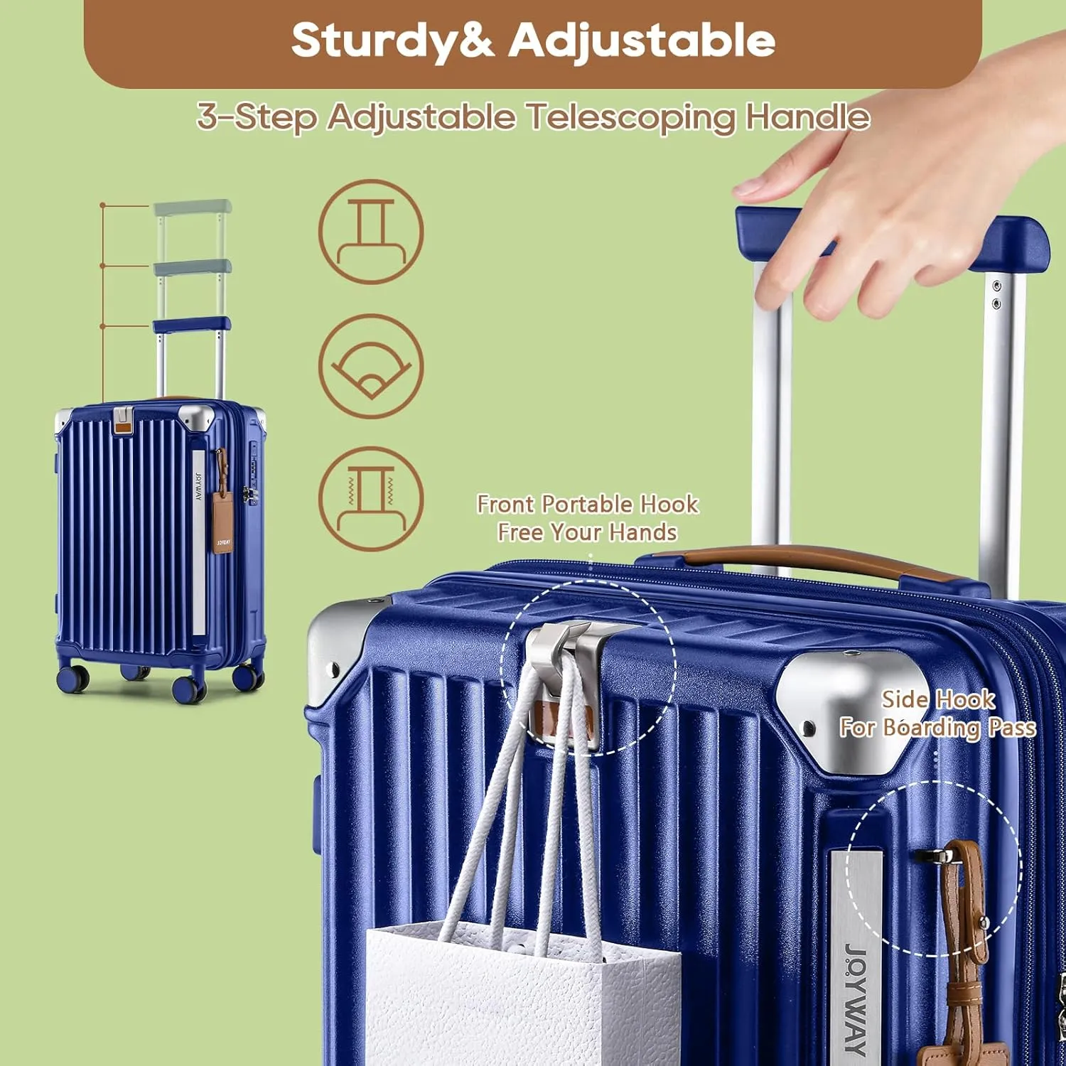 Joyway 20in Carry On Luggage with Cup Holder and USB Port, 25% Expandable Capacity, Smart Suitcase with Anti Slip Wheels and Handbag, Perfect for Men and Women 3 Piece Set Blue