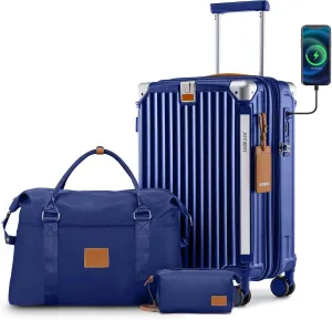 Joyway 20in Carry On Luggage with Cup Holder and USB Port, 25% Expandable Capacity, Smart Suitcase with Anti Slip Wheels and Handbag, Perfect for Men and Women 3 Piece Set Blue