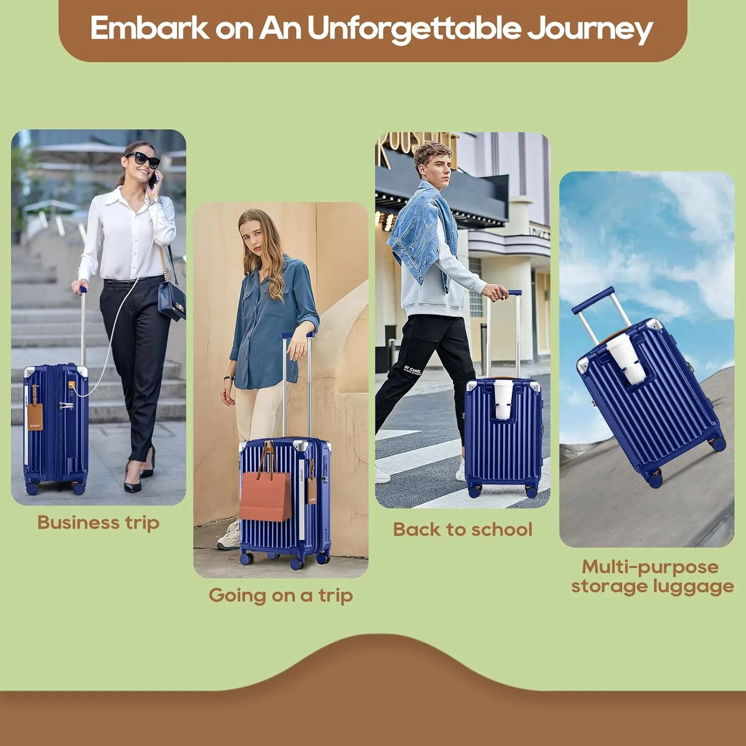 Joyway 20in Carry On Luggage with Cup Holder and USB Port, 25% Expandable Capacity, Smart Suitcase with Anti Slip Wheels and Handbag, Perfect for Men and Women 3 Piece Set Blue