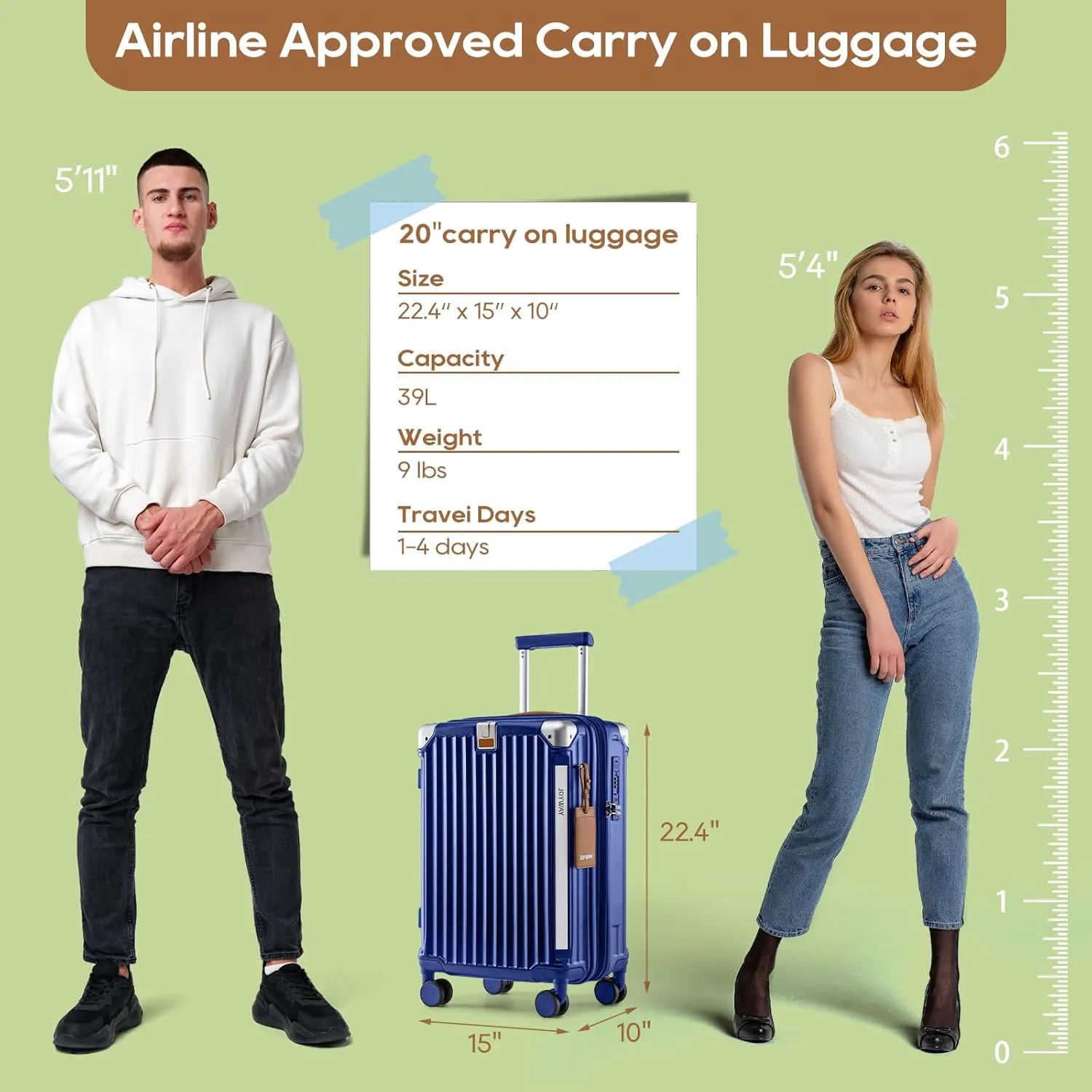 Joyway 20in Carry On Luggage with Cup Holder and USB Port, 25% Expandable Capacity, Smart Suitcase with Anti Slip Wheels and Handbag, Perfect for Men and Women 3 Piece Set Blue