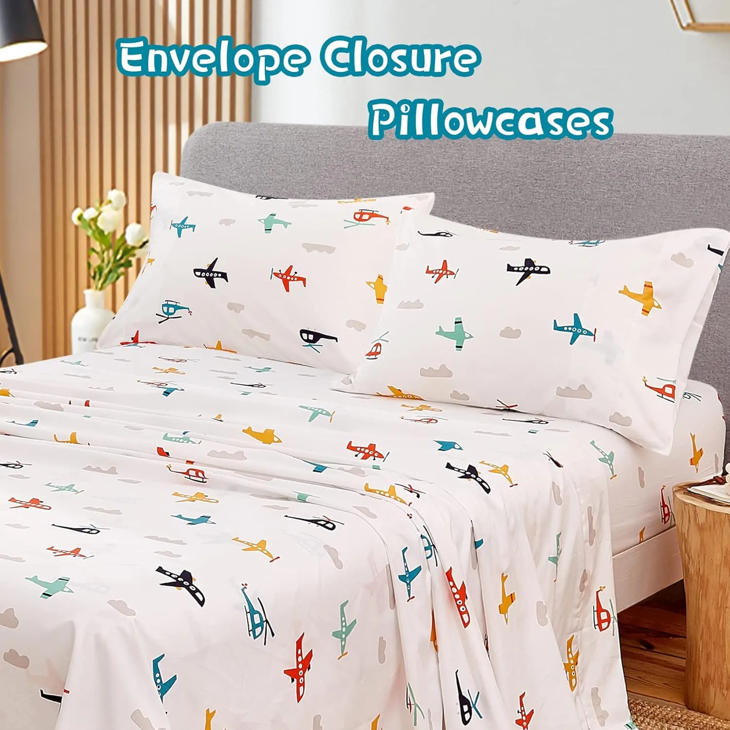 JSD Airplane Kids Sheet Set Full Size, 4 Piece Soft Printed Microfiber Bed Sheets Deep Pocket