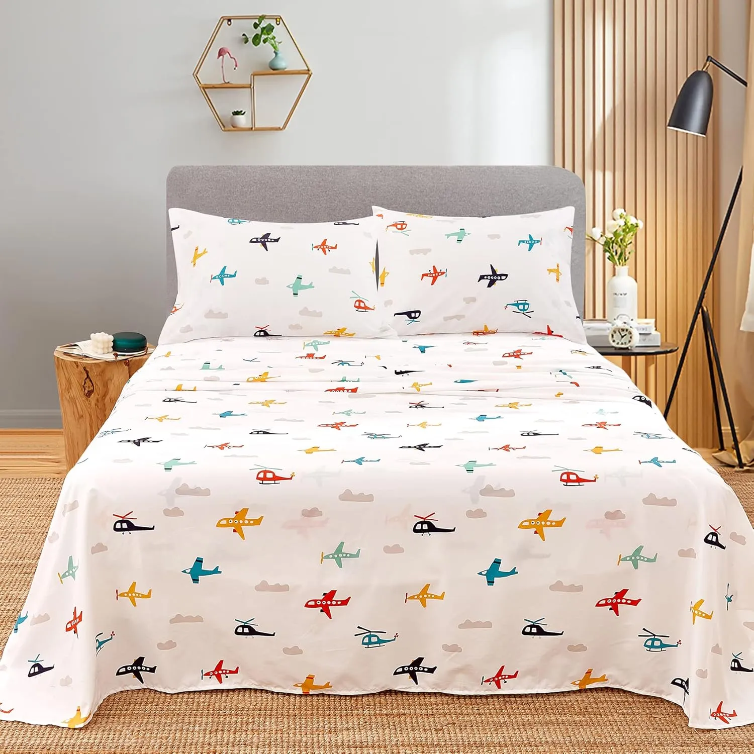 JSD Airplane Kids Sheet Set Full Size, 4 Piece Soft Printed Microfiber Bed Sheets Deep Pocket