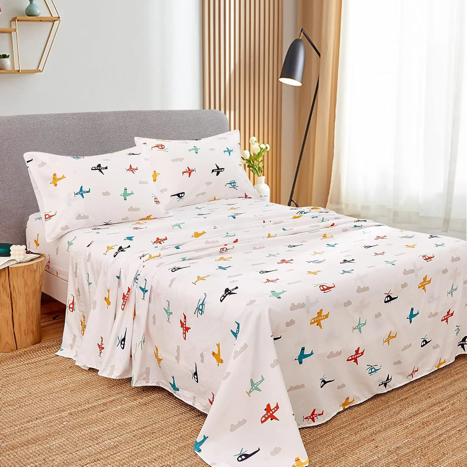 JSD Airplane Kids Sheet Set Full Size, 4 Piece Soft Printed Microfiber Bed Sheets Deep Pocket