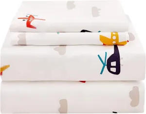 JSD Airplane Kids Sheet Set Full Size, 4 Piece Soft Printed Microfiber Bed Sheets Deep Pocket
