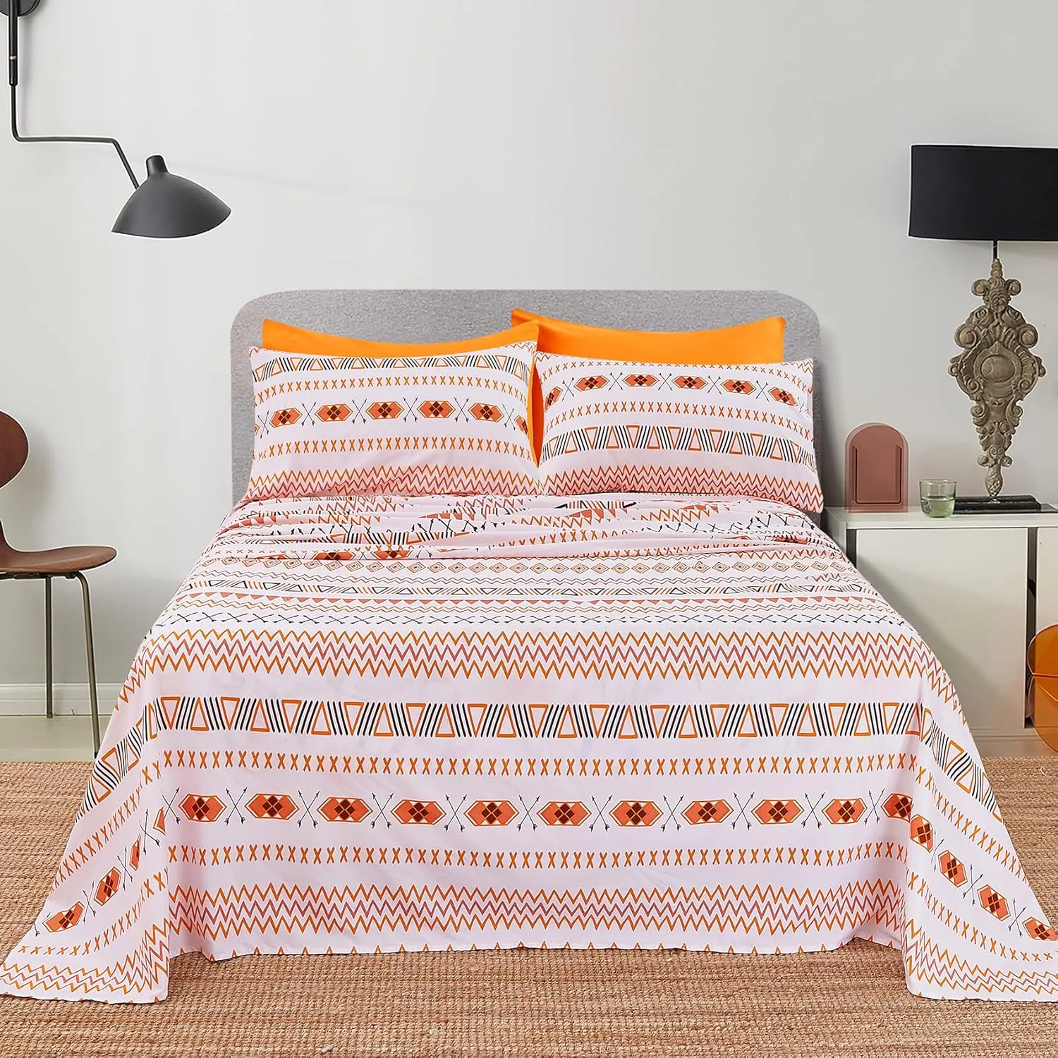 JSD Orange Boho Printed Sheet Set Queen Size, 6 Piece Geometric Soft Microfiber Sheets Pillowcases Deep Pocket
