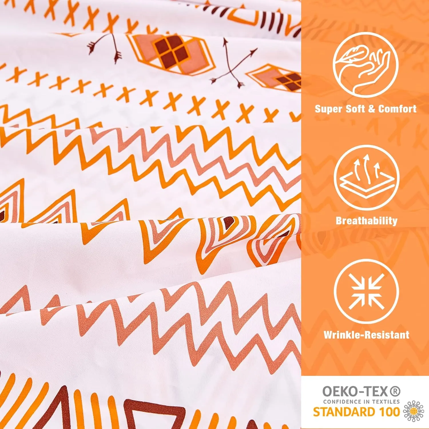 JSD Orange Boho Printed Sheet Set Queen Size, 6 Piece Geometric Soft Microfiber Sheets Pillowcases Deep Pocket
