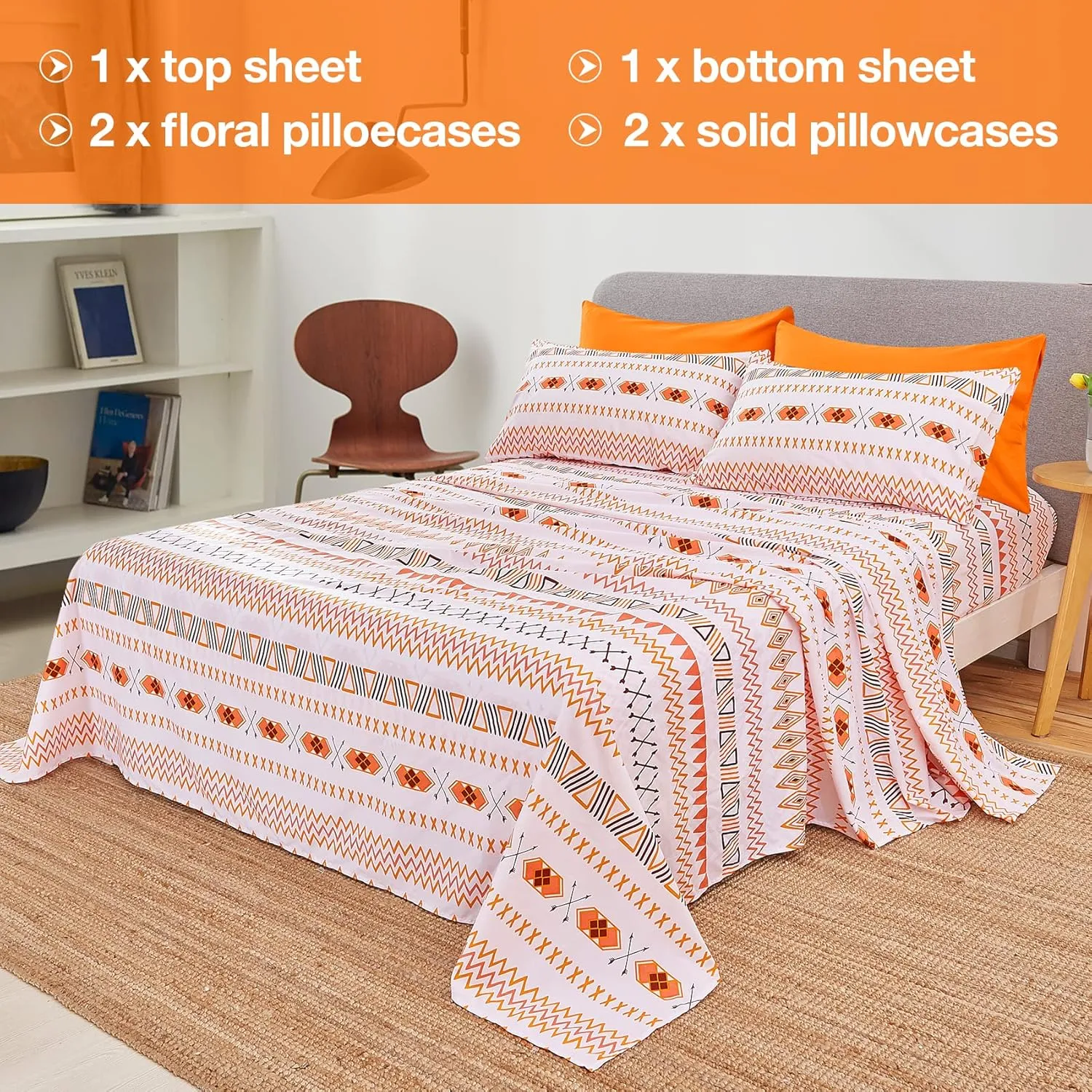 JSD Orange Boho Printed Sheet Set Queen Size, 6 Piece Geometric Soft Microfiber Sheets Pillowcases Deep Pocket