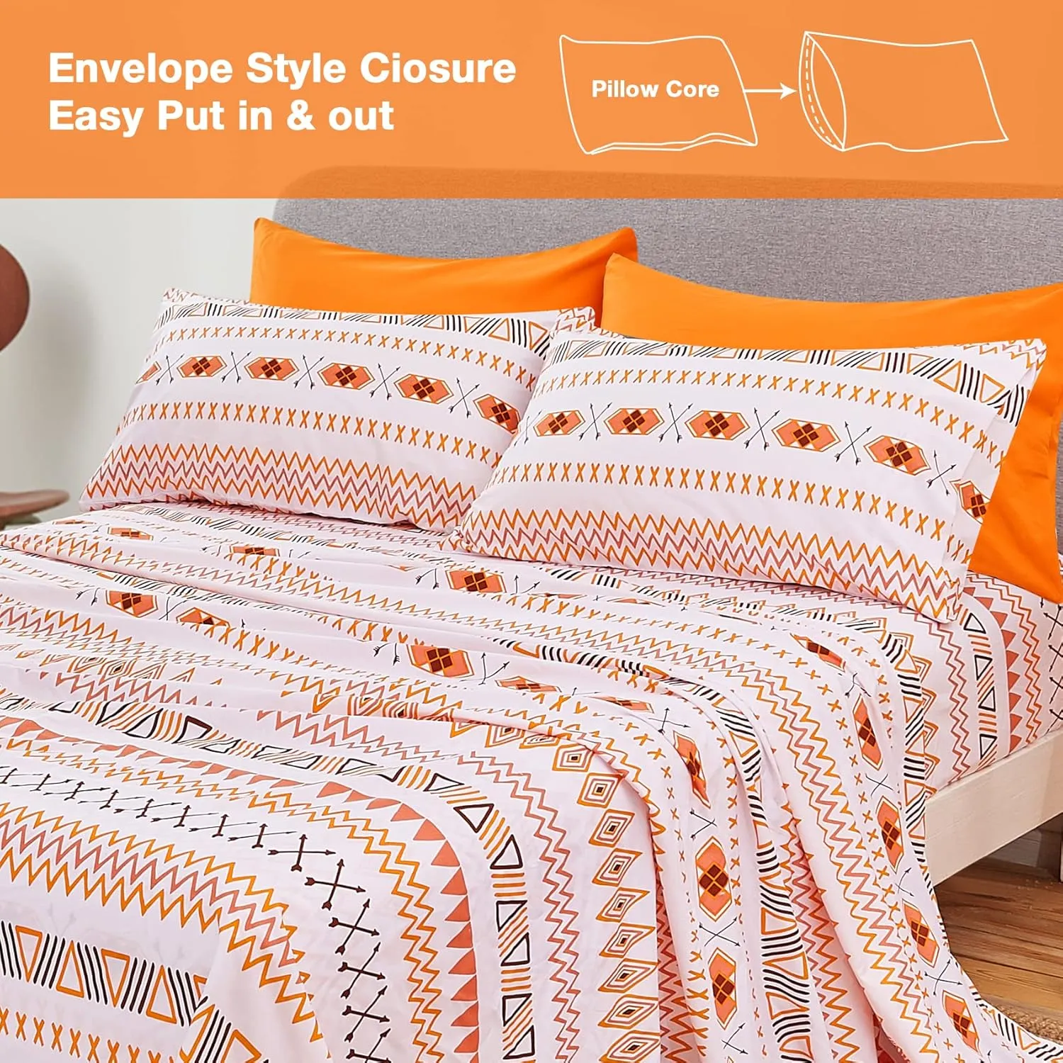 JSD Orange Boho Printed Sheet Set Queen Size, 6 Piece Geometric Soft Microfiber Sheets Pillowcases Deep Pocket