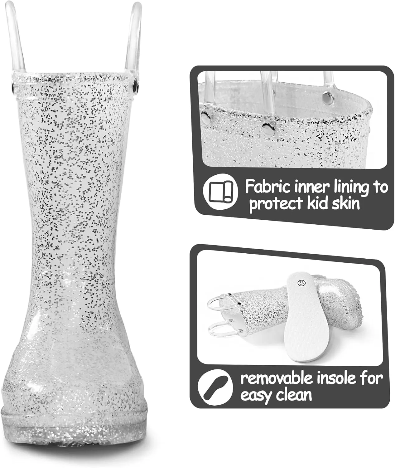 K KomForme Girls Rain Boots,Kids Glitter Waterproof Boots with Easy-on Handles