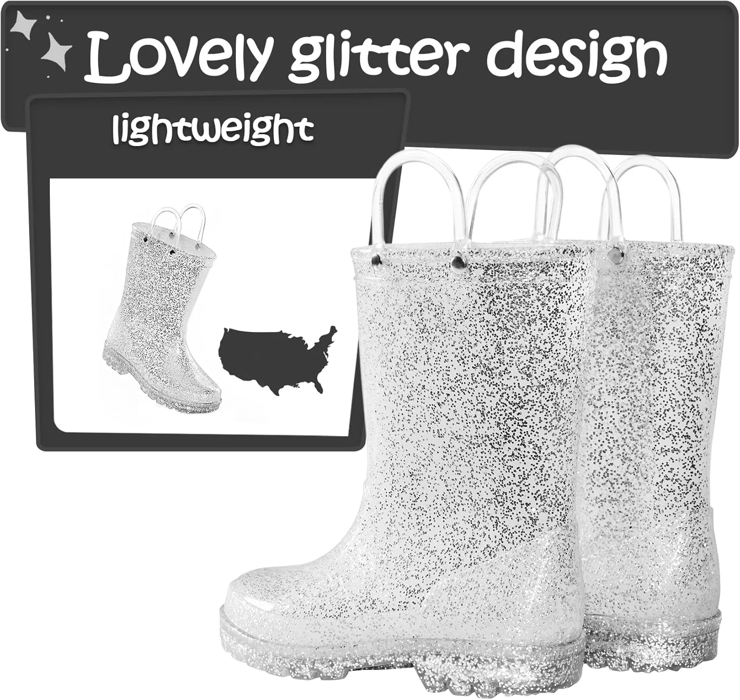 K KomForme Girls Rain Boots,Kids Glitter Waterproof Boots with Easy-on Handles