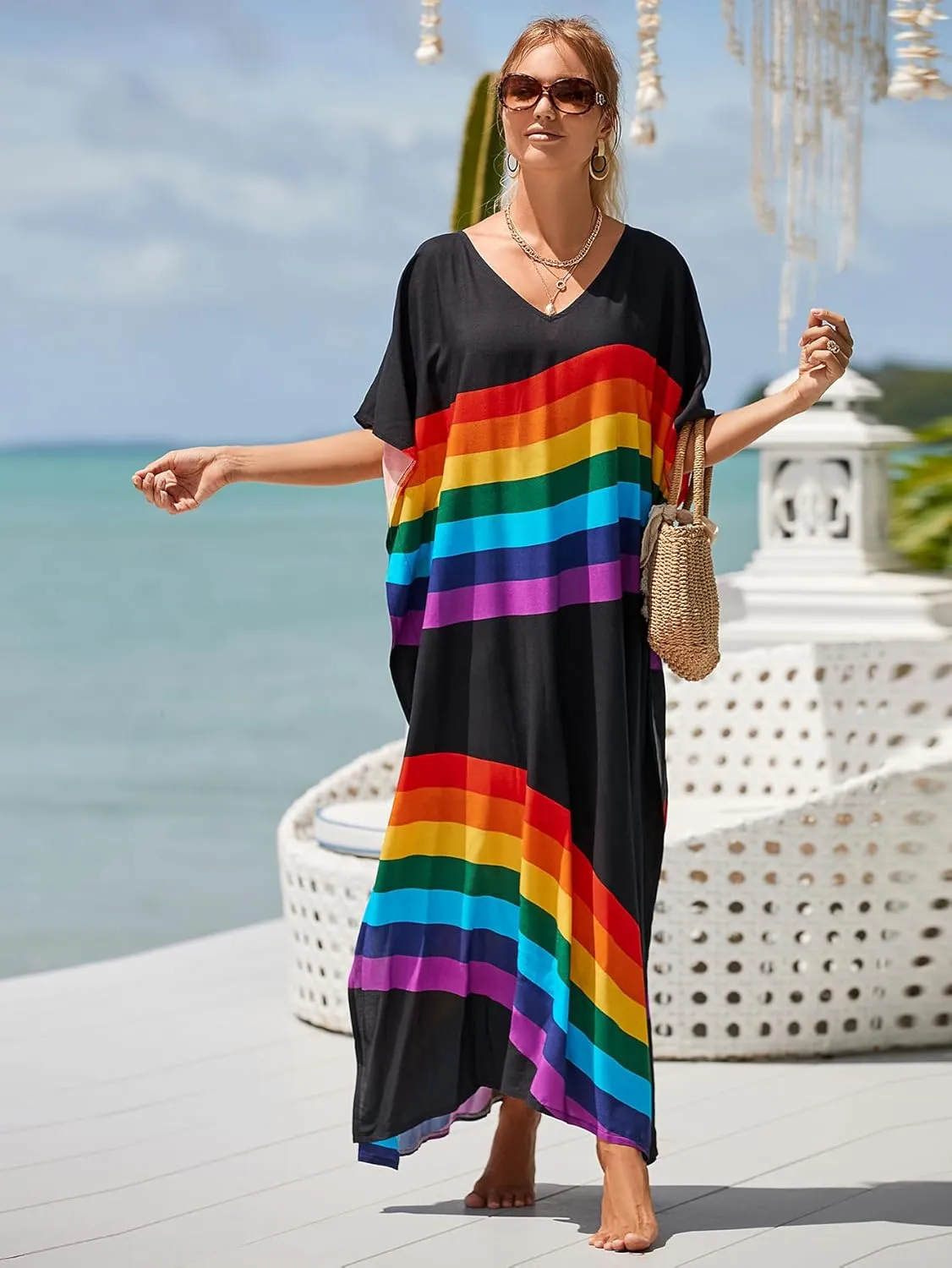 Kaftan Dresses for Women Plus Size Bathing Suit Cover up Vneck Batwing Dress Loose fit Moroccan Caftan mumu Dresses