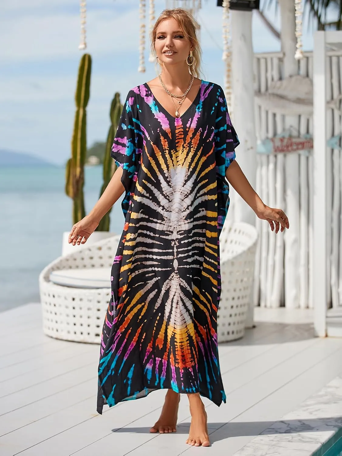 Kaftan Dresses for Women Plus Size Bathing Suit Cover up Vneck Batwing Dress Loose fit Moroccan Caftan mumu Dresses
