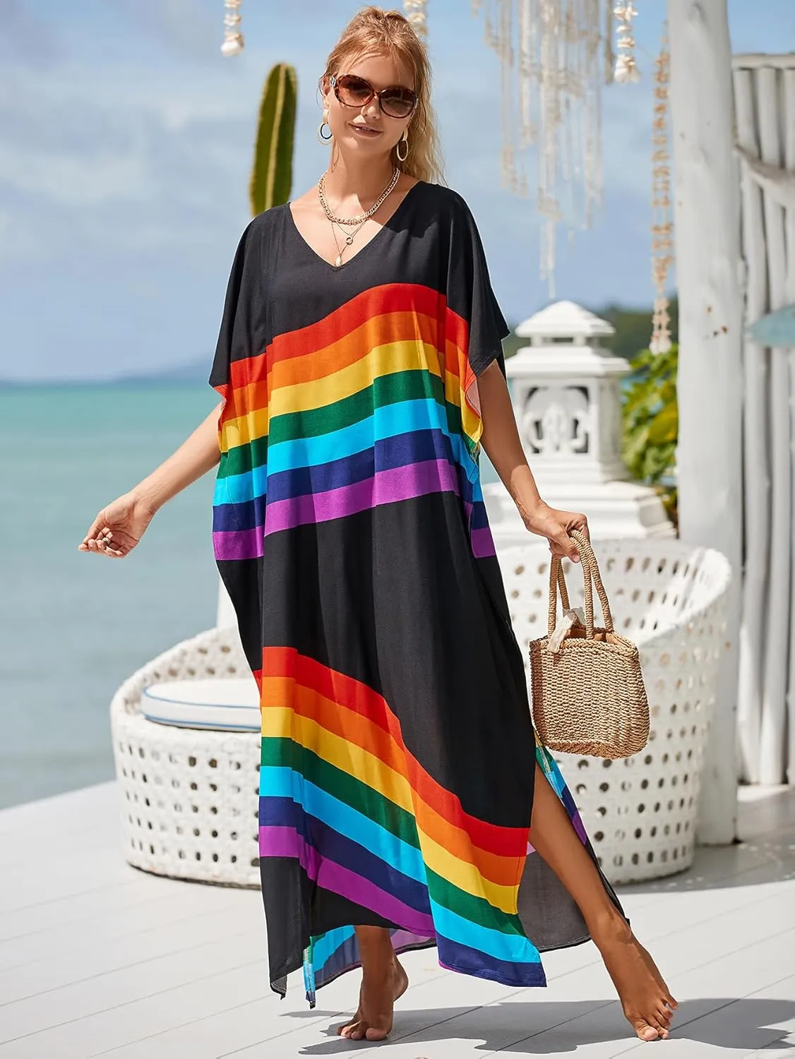 Kaftan Dresses for Women Plus Size Bathing Suit Cover up Vneck Batwing Dress Loose fit Moroccan Caftan mumu Dresses