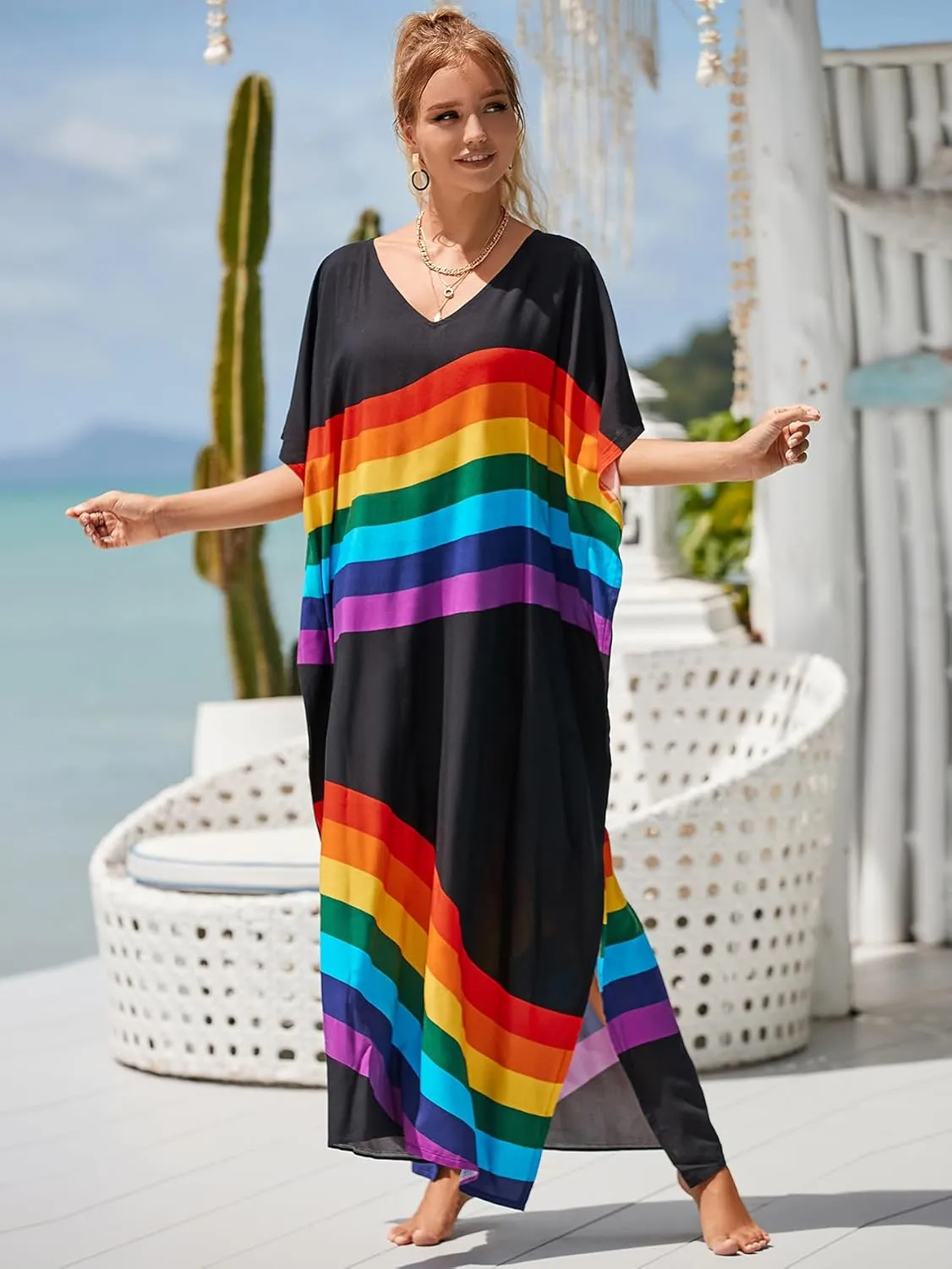 Kaftan Dresses for Women Plus Size Bathing Suit Cover up Vneck Batwing Dress Loose fit Moroccan Caftan mumu Dresses
