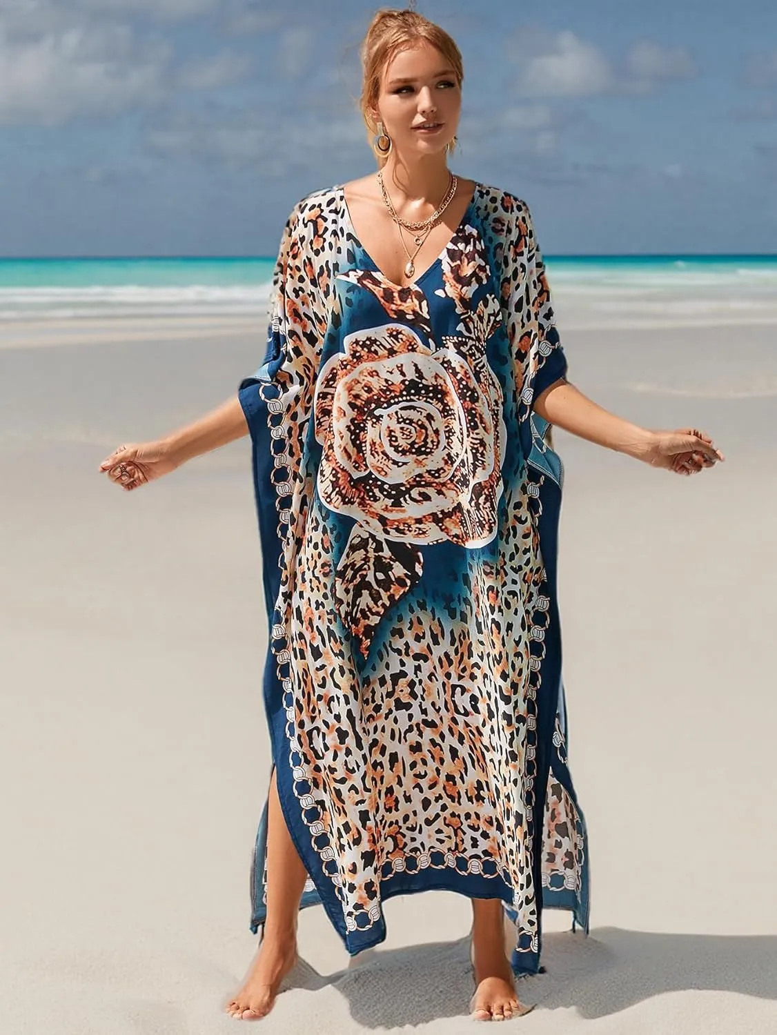 Kaftan Dresses for Women Plus Size Bathing Suit Cover up Vneck Batwing Dress Loose fit Moroccan Caftan mumu Dresses