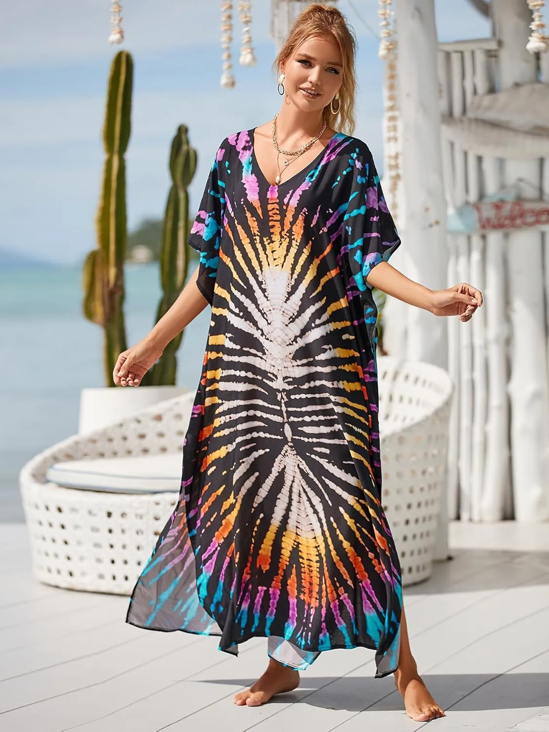 Kaftan Dresses for Women Plus Size Bathing Suit Cover up Vneck Batwing Dress Loose fit Moroccan Caftan mumu Dresses