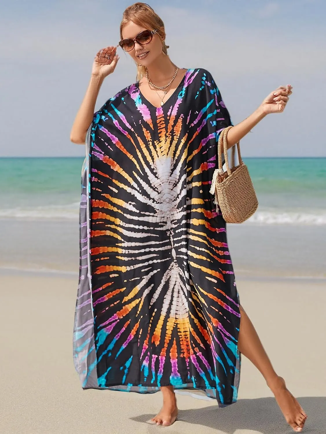 Kaftan Dresses for Women Plus Size Bathing Suit Cover up Vneck Batwing Dress Loose fit Moroccan Caftan mumu Dresses