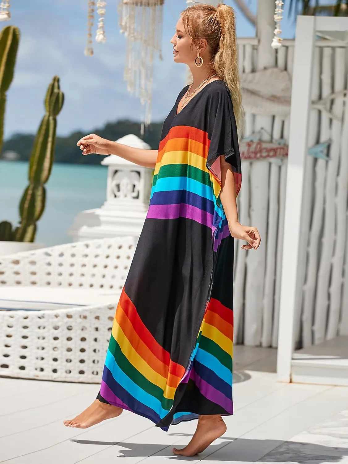 Kaftan Dresses for Women Plus Size Bathing Suit Cover up Vneck Batwing Dress Loose fit Moroccan Caftan mumu Dresses