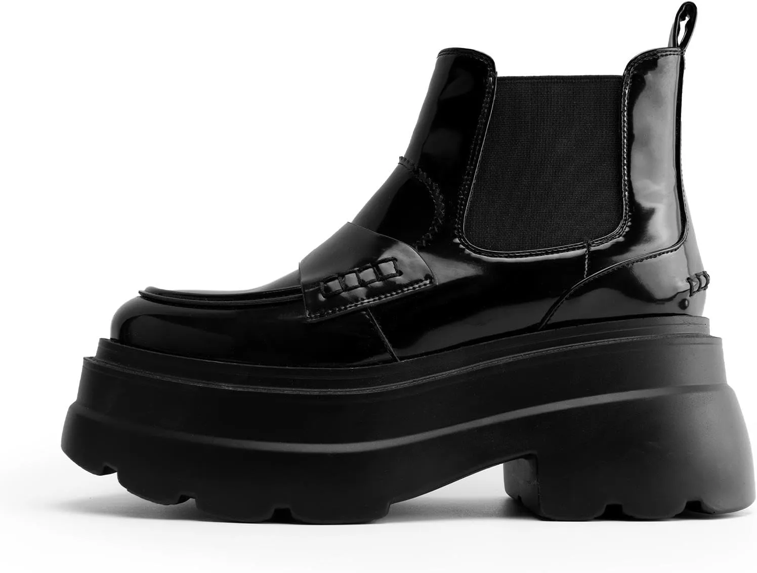 KaroNairy Platform Ankle Boots for Women Chelsea Boots Round Toe Chunky Heel Slip on Lug Sole Short Boots Black