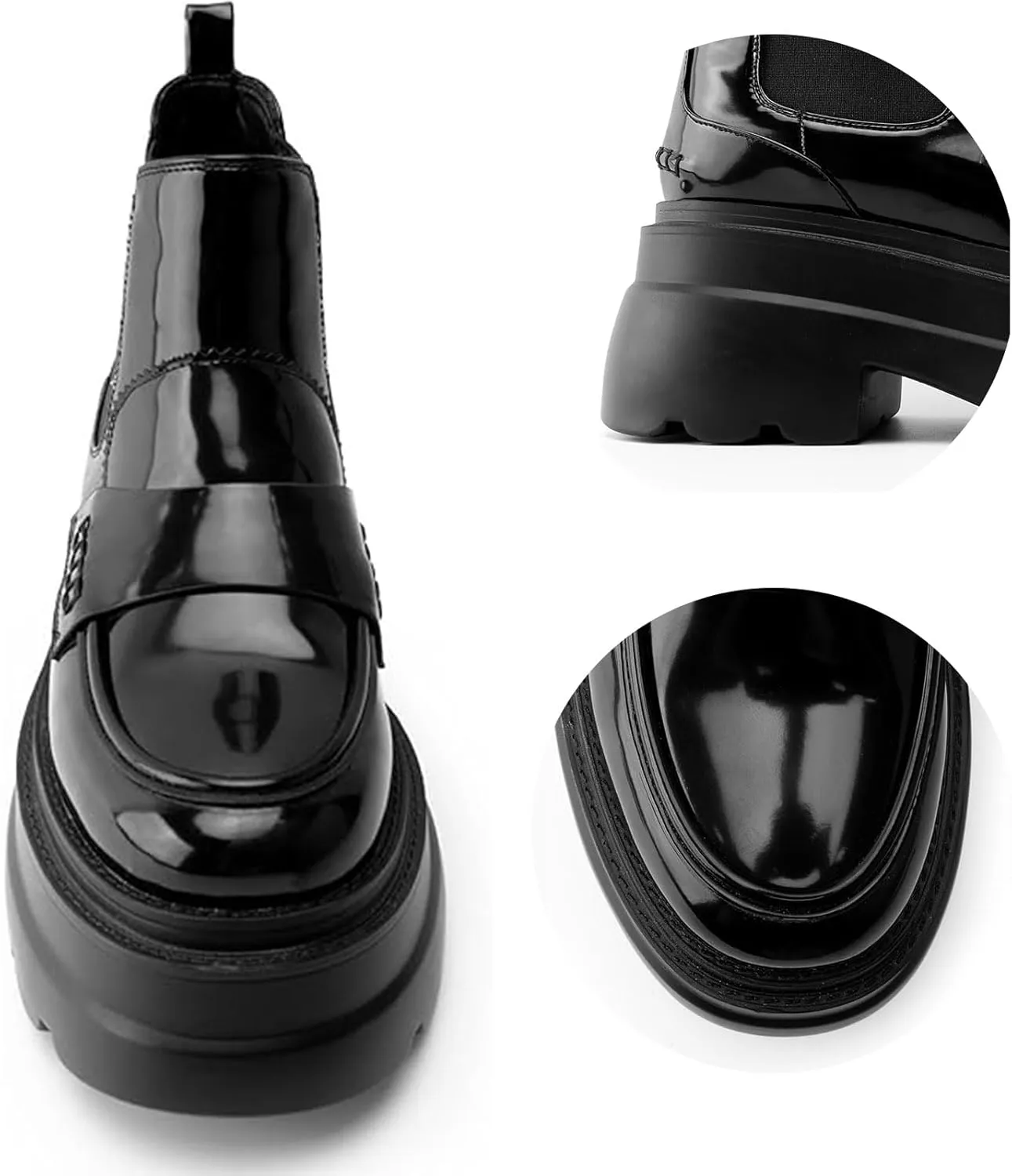 KaroNairy Platform Ankle Boots for Women Chelsea Boots Round Toe Chunky Heel Slip on Lug Sole Short Boots Black